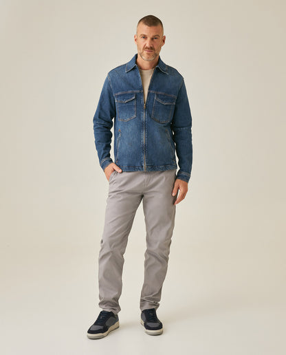 Mens Trucker Jacket Straight Cut Medium Wash Cotton Elastane Zipper Closure Leather Badge - Blue 63_321H000_AZU184140_4