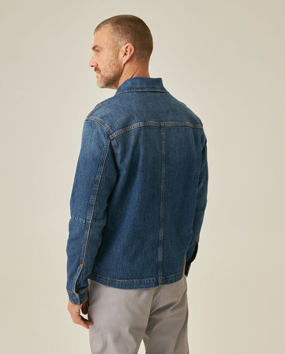 Mens Trucker Jacket Straight Cut Medium Wash Cotton Elastane Zipper Closure Leather Badge - Blue 63_321H000_AZU184140_6