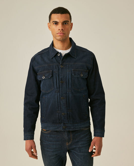Mens Trucker Jacket Lined Dark Wash Cotton Elastane Full Cotton Lining Metal Buttons - Blue 63_321H001_AZU193924_0