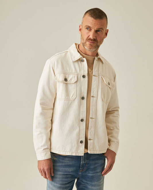 Mens Shacket Straight Silhouette Raw Ivory Wash Cotton Contrast Stitching Patch Pockets - Raw 63_321H002_CRU134403_0