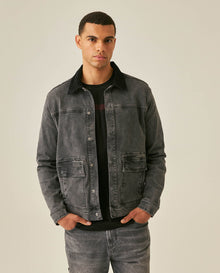 Mens Heritage Trucker Jacket Straight Silhouette Gray Wash Cotton Polyester Elastane Corduroy Collar - Gray 63_321H450_GRI145002_0