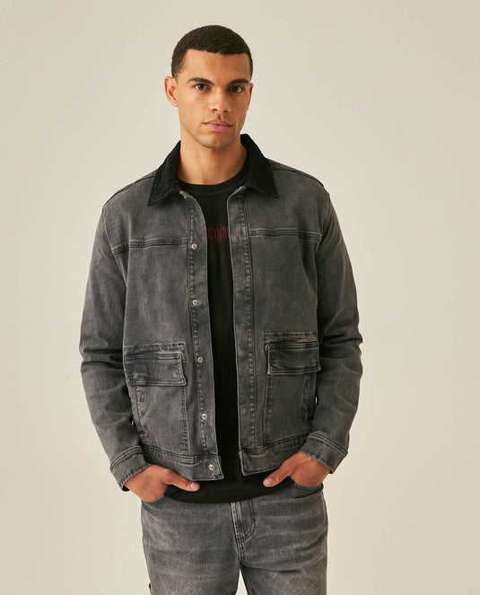 Mens Heritage Trucker Jacket Straight Silhouette Gray Wash Cotton Polyester Elastane Corduroy Collar - Gray 63_321H450_GRI145002_0