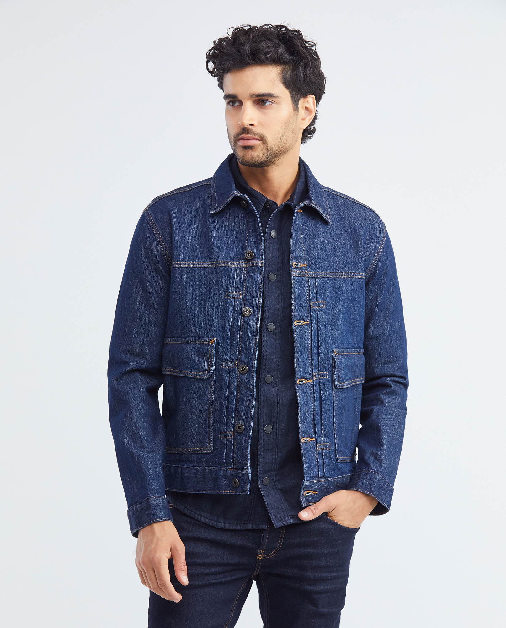 Men's Trucker Jacket Dark Wash Clean in Cotton Stretch Blend 322F000 - 1
