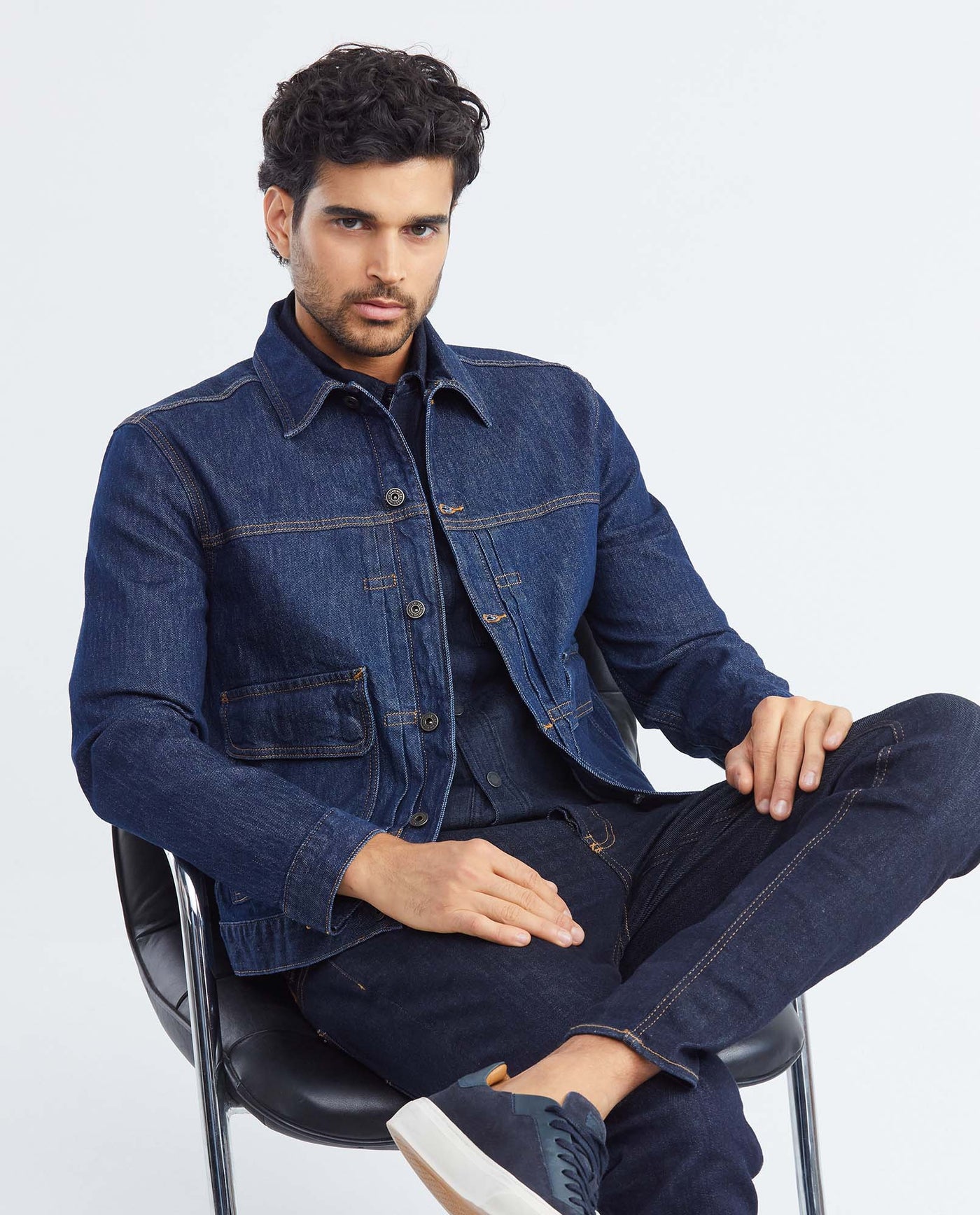 Men's Trucker Jacket Dark Wash Clean in Cotton Stretch Blend 322F000 - 7