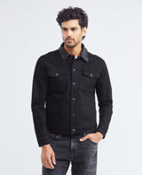 Men's Trucker Jacket Black Wash Leather Collar in Cotton Stretch Blend 322F002 - 1