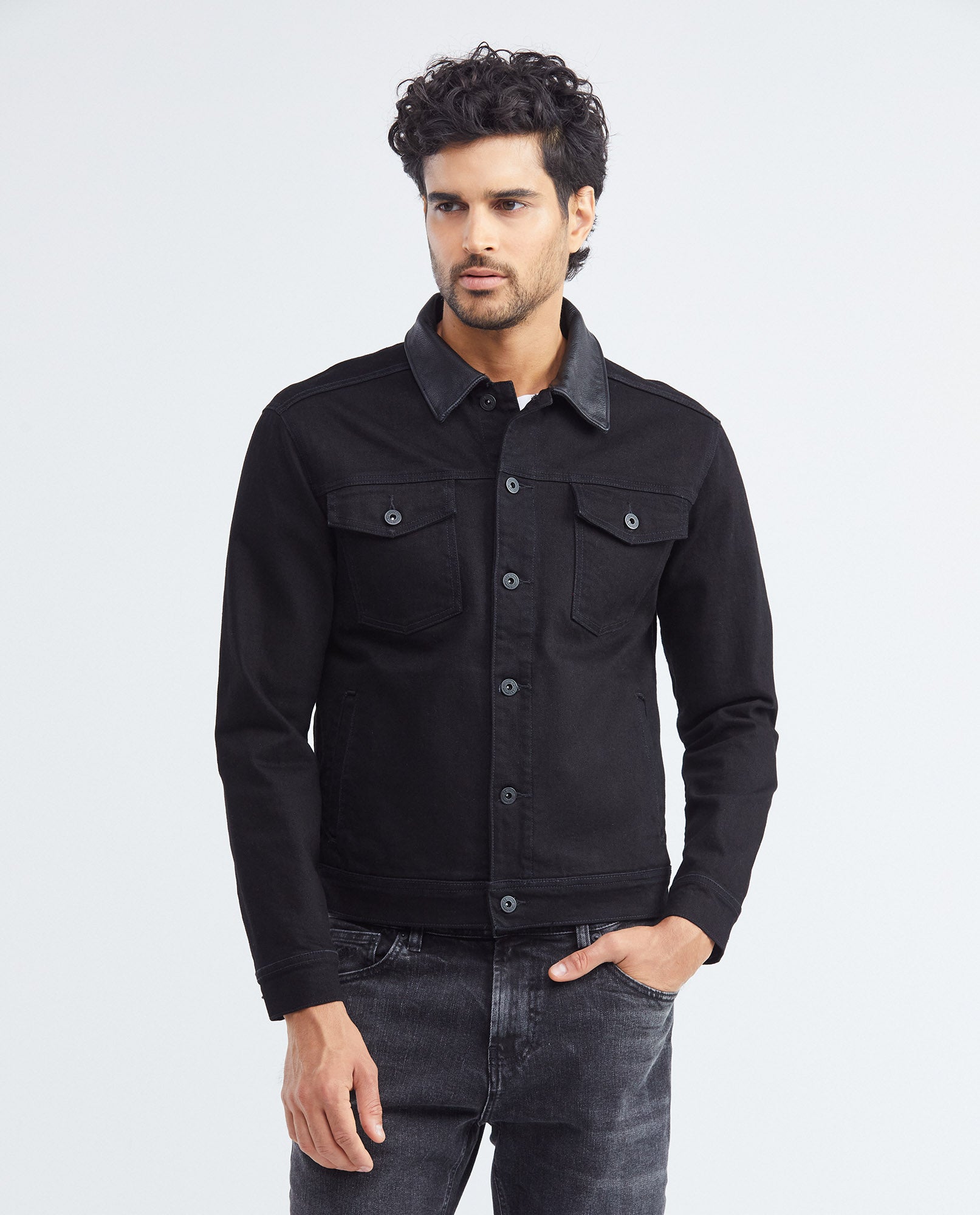 Men's Trucker Jacket Black Wash Leather Collar in Cotton Stretch Blend 322F002 - 1