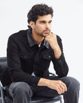 Men's Trucker Jacket Black Wash Leather Collar in Cotton Stretch Blend 322F002 - 2