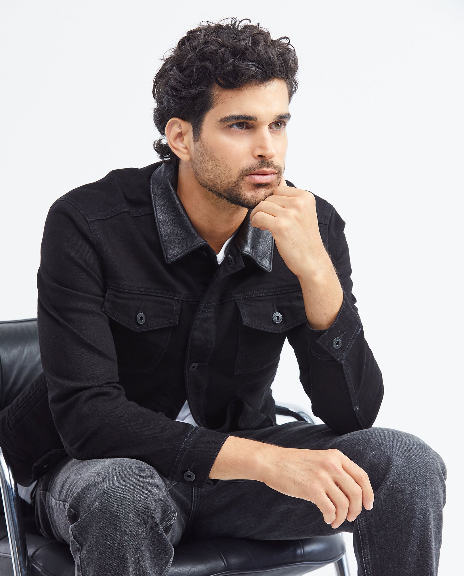 Men's Trucker Jacket Black Wash Leather Collar in Cotton Stretch Blend 322F002 - 2