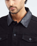 Men's Trucker Jacket Black Wash Leather Collar in Cotton Stretch Blend 322F002 - 3