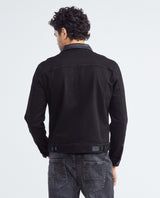 Men's Trucker Jacket Black Wash Leather Collar in Cotton Stretch Blend 322F002 - 4