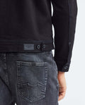 Men's Trucker Jacket Black Wash Leather Collar in Cotton Stretch Blend 322F002 - 6