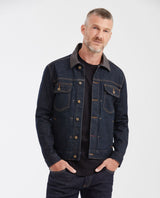 Men's Heritage Straight Fit Ultra Dark Wash Trucker Jacket with Leather Collar in Stretch Denim 322G450 - 1
