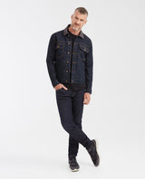 Men's Heritage Straight Fit Ultra Dark Wash Trucker Jacket with Leather Collar in Stretch Denim 322G450 - 2