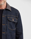 Men's Heritage Straight Fit Ultra Dark Wash Trucker Jacket with Leather Collar in Stretch Denim 322G450 - 3