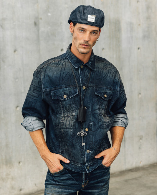 Mens Embroidered Denim Trucker Jacket - Special Collection - Blue 63_322H201_AZU194052_0