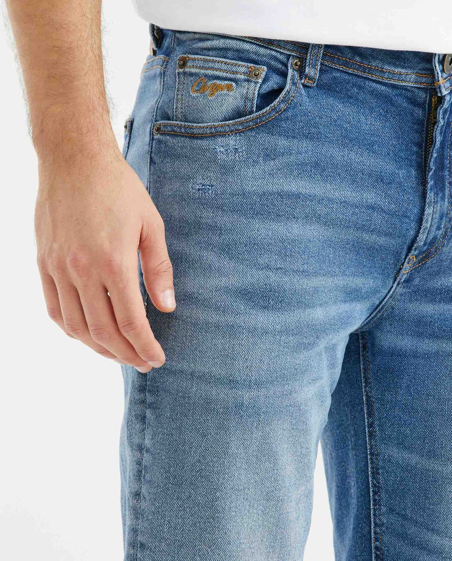 Men's JeanStraight Fit, Morrison, Slim Boot - Medium Vintage Blue + Distressed - Blue - 3