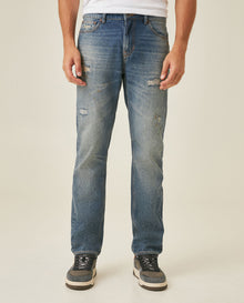 Mens Jeans Slim Fit Mid Rise Dark Wash Cotton Lyocell Distressed Repairs Embroidered Logo - Blue 63_331H000_AZU184140_0