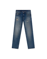 Mens Jeans Slim Fit Mid Rise Dark Wash Cotton Lyocell Distressed Repairs Embroidered Logo - Blue 63_331H000_AZU184140_3