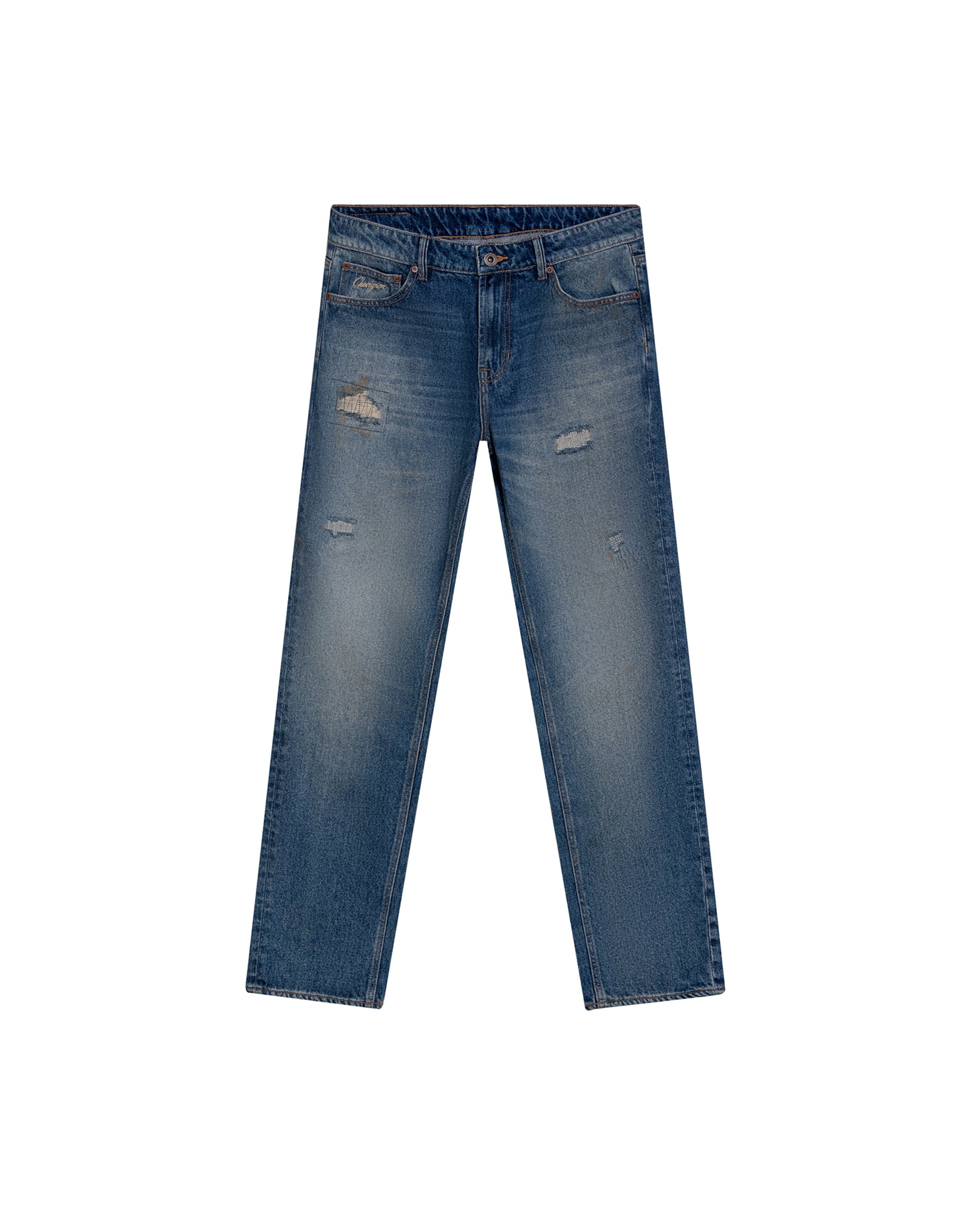 Mens Jeans Slim Fit Mid Rise Dark Wash Cotton Lyocell Distressed Repairs Embroidered Logo - Blue 63_331H000_AZU184140_3