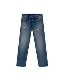 Mens Jeans Slim Fit Mid Rise Dark Wash Cotton Lyocell Distressed Repairs Embroidered Logo - Blue 63_331H000_AZU184140_3