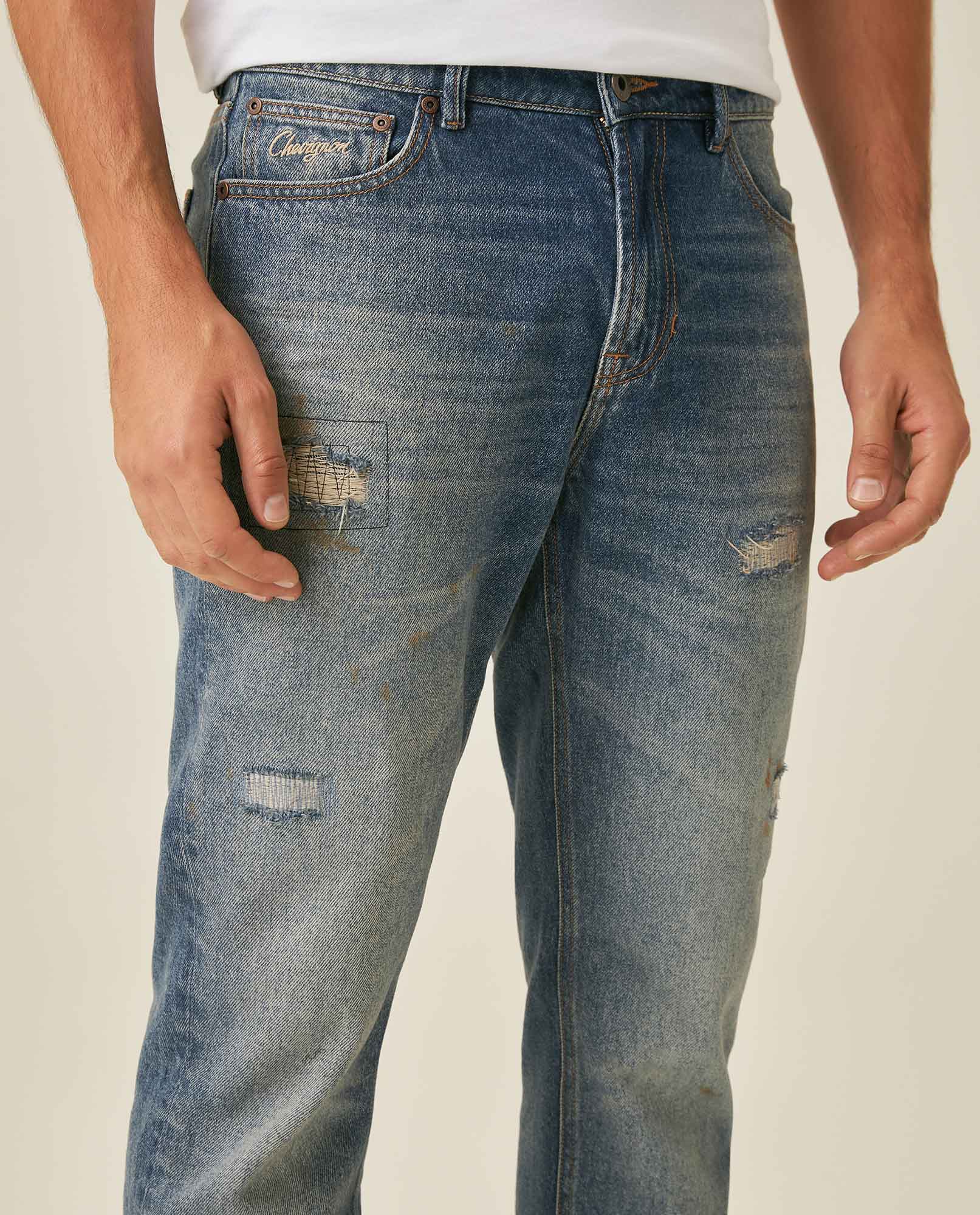 Mens Jeans Slim Fit Mid Rise Dark Wash Cotton Lyocell Distressed Repairs Embroidered Logo - Blue 63_331H000_AZU184140_5
