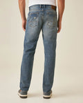 Mens Jeans Slim Fit Mid Rise Dark Wash Cotton Lyocell Distressed Repairs Embroidered Logo - Blue 63_331H000_AZU184140_6