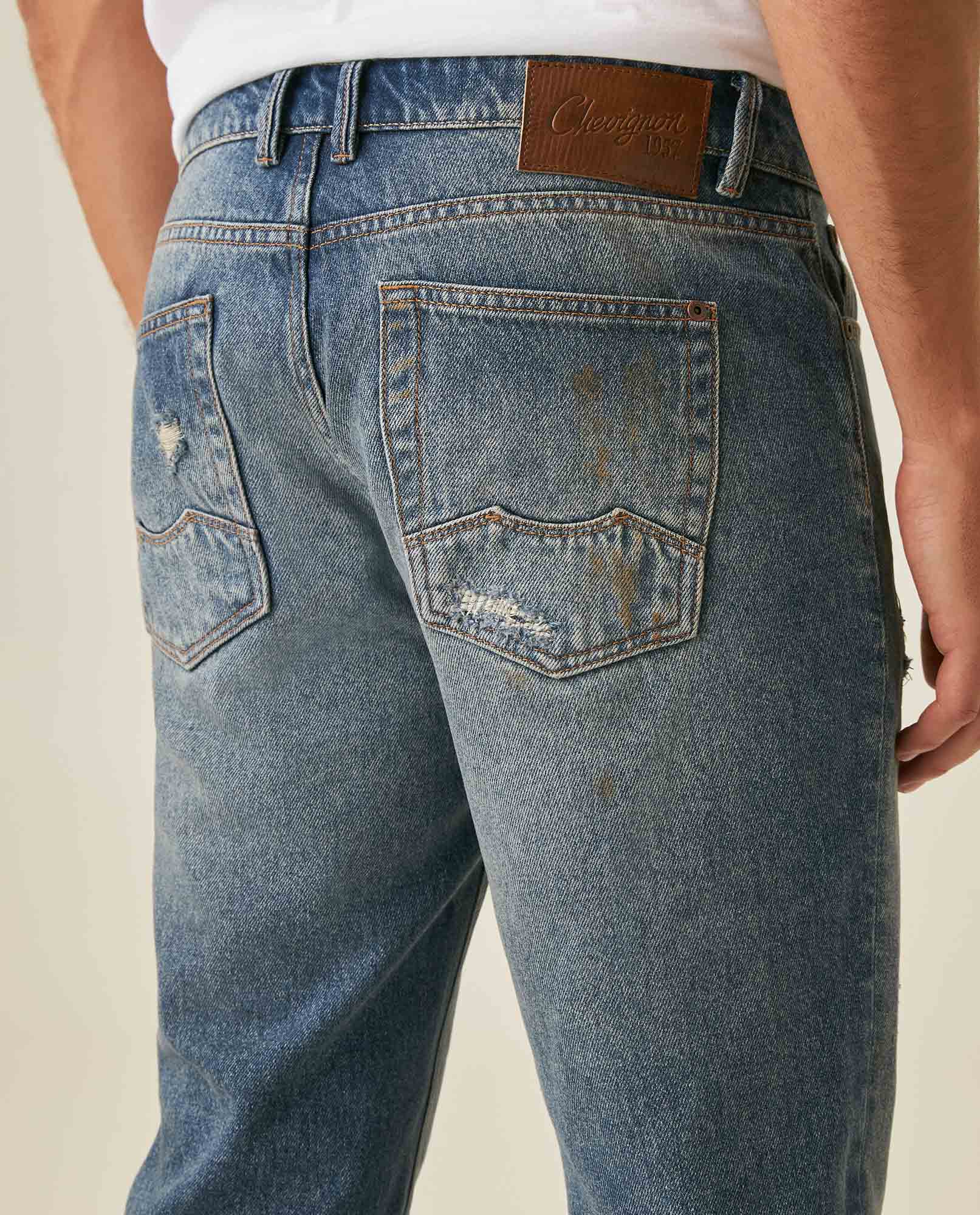 Mens Jeans Slim Fit Mid Rise Dark Wash Cotton Lyocell Distressed Repairs Embroidered Logo - Blue 63_331H000_AZU184140_7