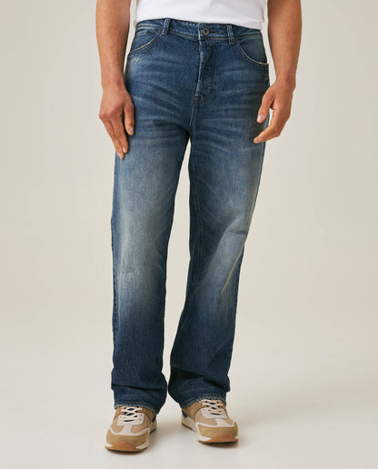 Mens Jeans Relaxed Fit High Rise Medium Wash Cotton Elastane Leather Waistband Badge - Blue 63_331H001_AZU184140_0