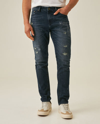 Mens Jeans Skinny Fit Tapered Leg Mid Rise Dark Wash Cotton Elastane Distressed Repairs Eyelet - Blue 63_331H002_AZU194052_0