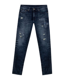 Mens Jeans Skinny Fit Tapered Leg Mid Rise Dark Wash Cotton Elastane Distressed Repairs Eyelet - Blue 63_331H002_AZU194052_3