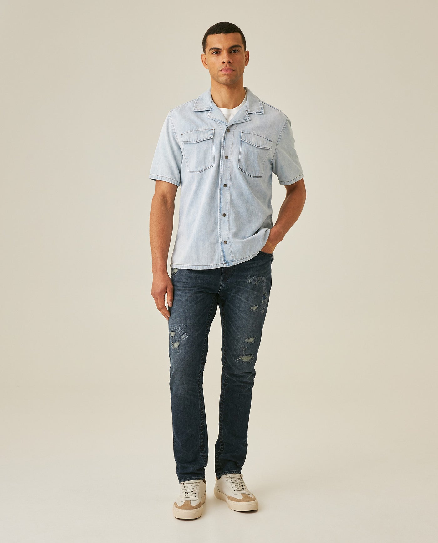 Mens Jeans Skinny Fit Tapered Leg Mid Rise Dark Wash Cotton Elastane Distressed Repairs Eyelet - Blue 63_331H002_AZU194052_4