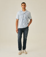 Mens Jeans Skinny Fit Tapered Leg Mid Rise Dark Wash Cotton Elastane Distressed Repairs Eyelet - Blue 63_331H002_AZU194052_4