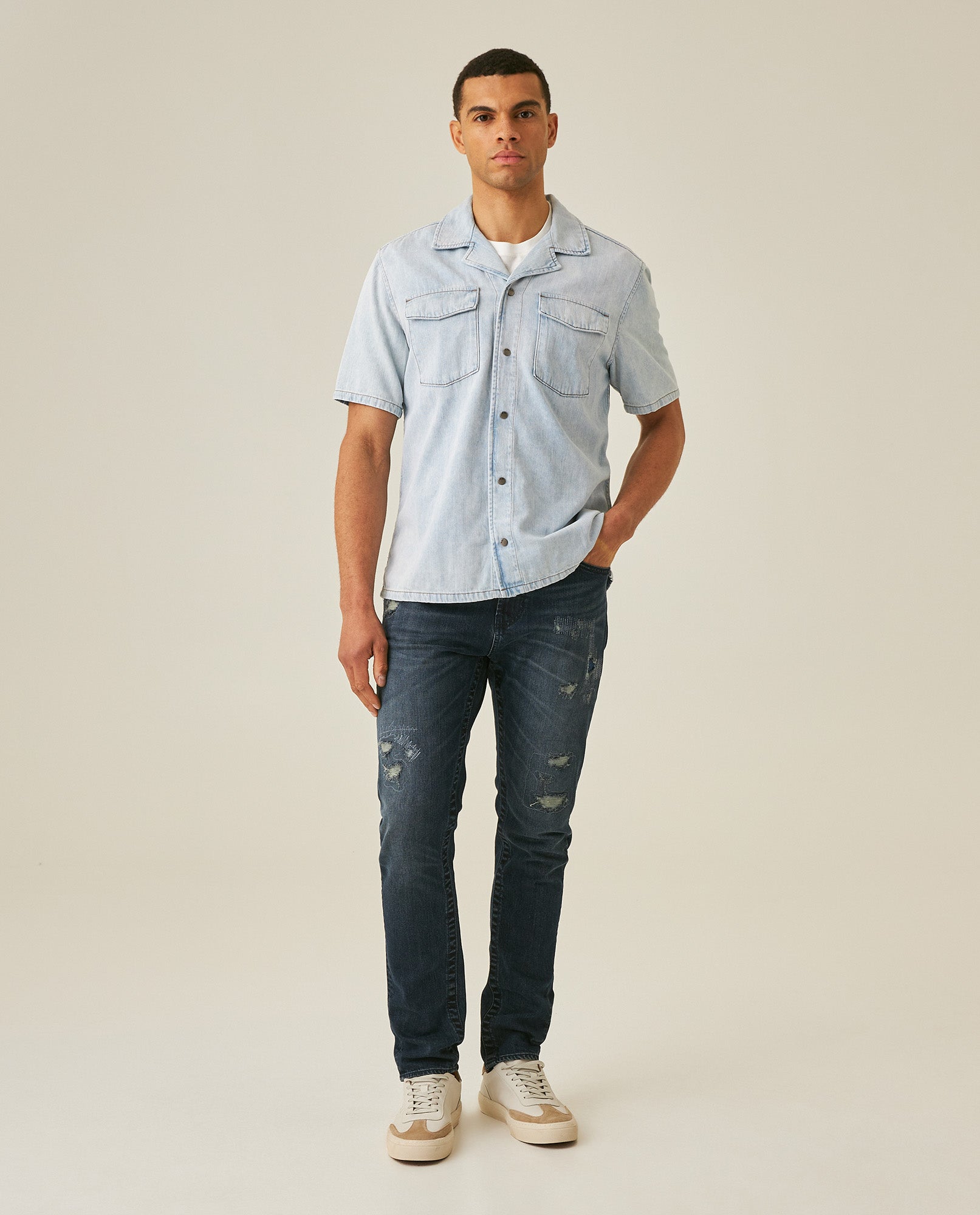 Mens Jeans Skinny Fit Tapered Leg Mid Rise Dark Wash Cotton Elastane Distressed Repairs Eyelet - Blue 63_331H002_AZU194052_4