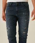 Mens Jeans Skinny Fit Tapered Leg Mid Rise Dark Wash Cotton Elastane Distressed Repairs Eyelet - Blue 63_331H002_AZU194052_5