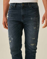 Mens Jeans Skinny Fit Tapered Leg Mid Rise Dark Wash Cotton Elastane Distressed Repairs Eyelet - Blue 63_331H002_AZU194052_5