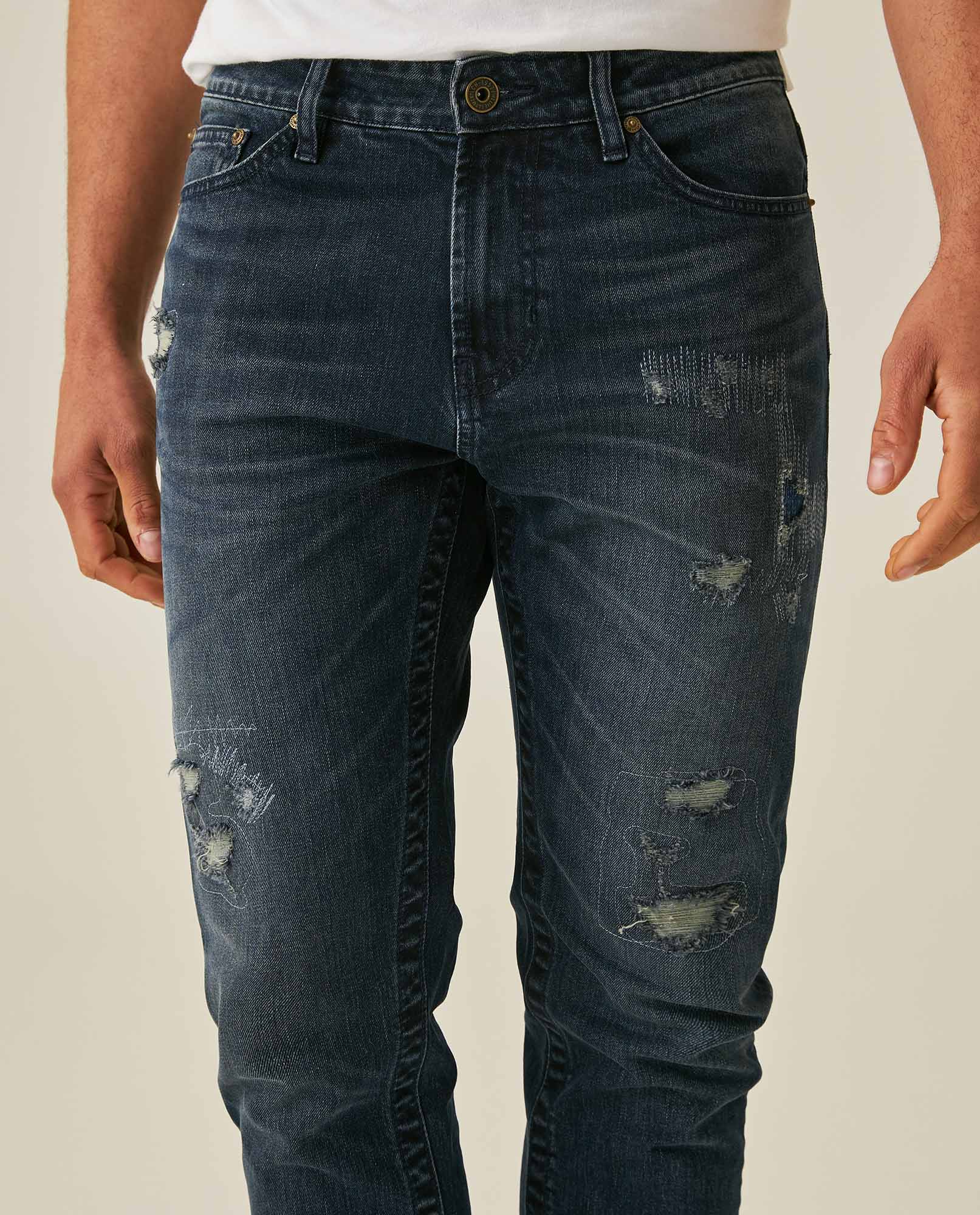 Mens Jeans Skinny Fit Tapered Leg Mid Rise Dark Wash Cotton Elastane Distressed Repairs Eyelet - Blue 63_331H002_AZU194052_5