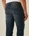 Mens Jeans Skinny Fit Tapered Leg Mid Rise Dark Wash Cotton Elastane Distressed Repairs Eyelet - Blue 63_331H002_AZU194052_6