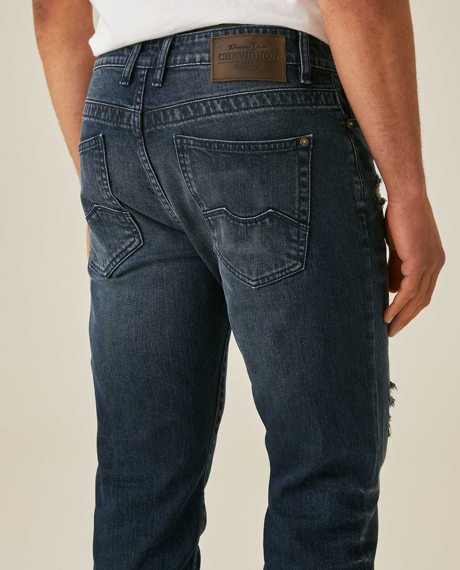 Mens Jeans Skinny Fit Tapered Leg Mid Rise Dark Wash Cotton Elastane Distressed Repairs Eyelet - Blue 63_331H002_AZU194052_6
