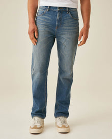 Mens Jeans Straight Fit High Rise Medium Wash Cotton Elastane Mini Rips Crotch Dart - Blue 63_331H004_AZU184140_0