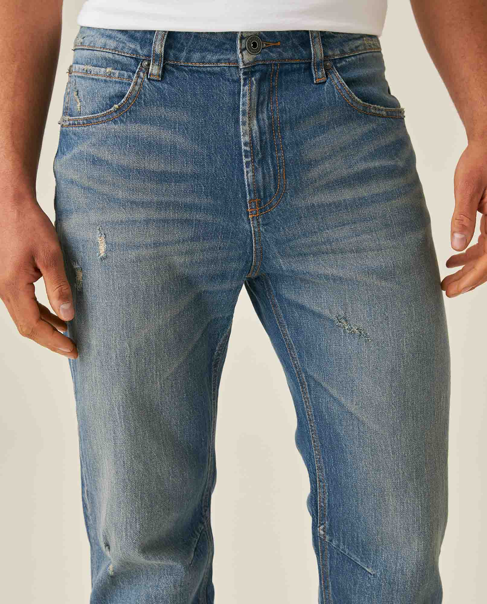 Mens Jeans Straight Fit High Rise Medium Wash Cotton Elastane Mini Rips Crotch Dart - Blue 63_331H004_AZU184140_5