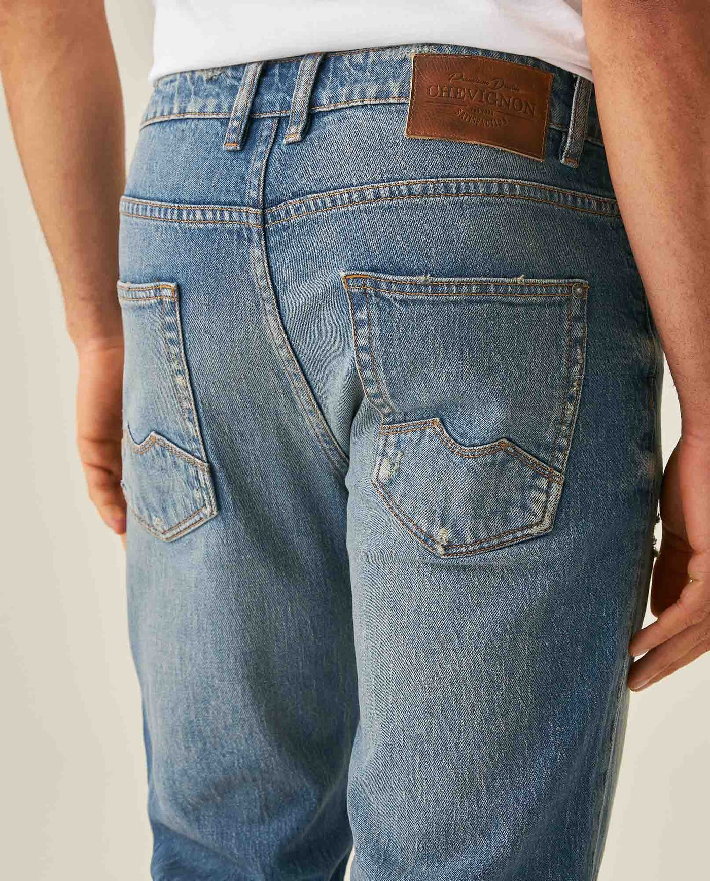 Mens Jeans Straight Fit High Rise Medium Wash Cotton Elastane Mini Rips Crotch Dart - Blue 63_331H004_AZU184140_7