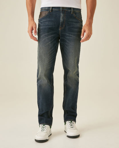 Mens Jeans Straight Fit High Rise Ultra Dark Wash Cotton Elastane Leather Watch Pocket Distressed - Blue 63_331H005_AZU193924_0