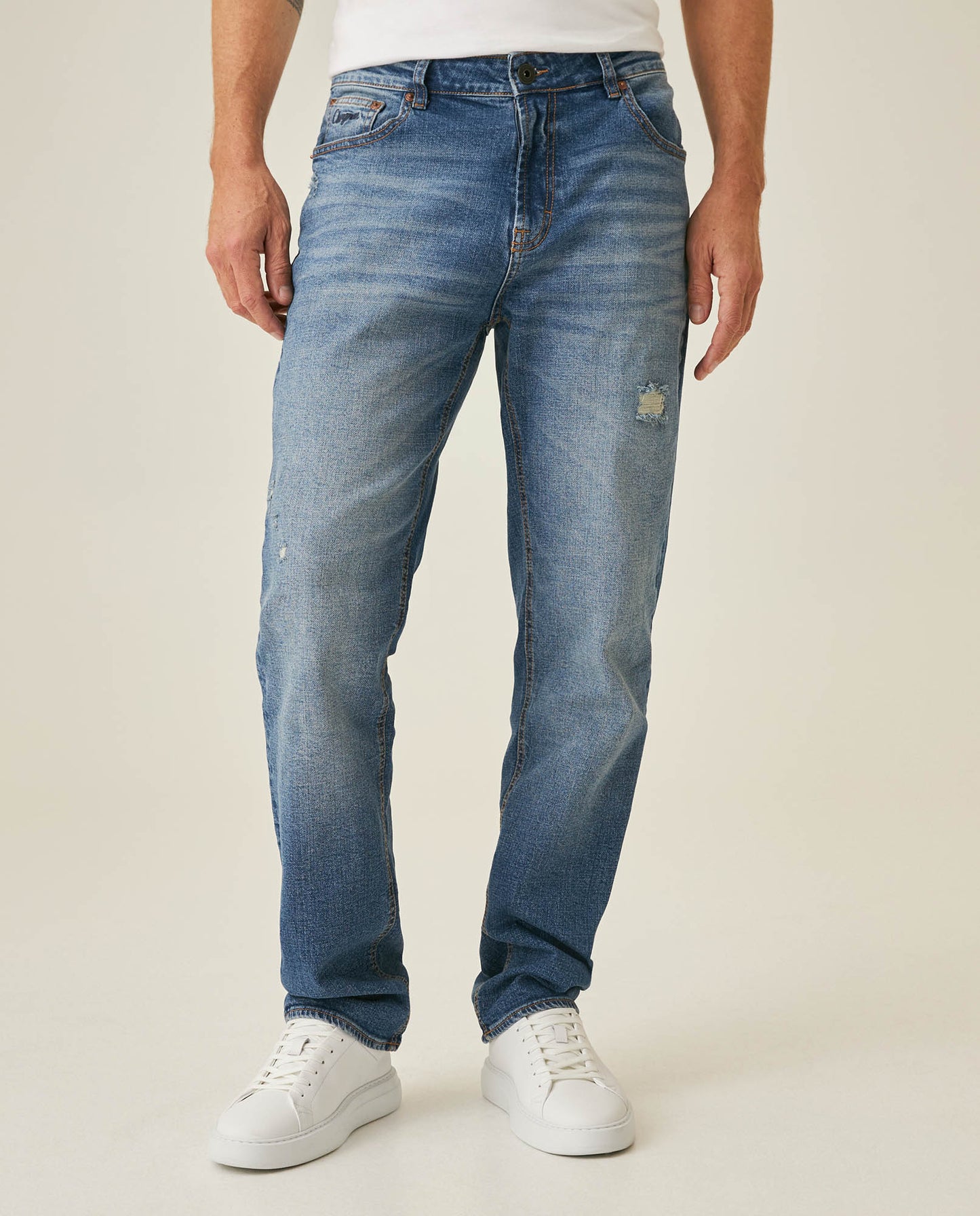 Mens Jeans Straight Fit Mid Rise Medium Wash Cotton Elastane Mini Rips Distressed Embroidered Logo - Blue 63_331H006_AZU184140_0