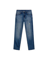 Mens Jeans Straight Fit Mid Rise Medium Wash Cotton Elastane Mini Rips Distressed Embroidered Logo - Blue 63_331H006_AZU184140_3