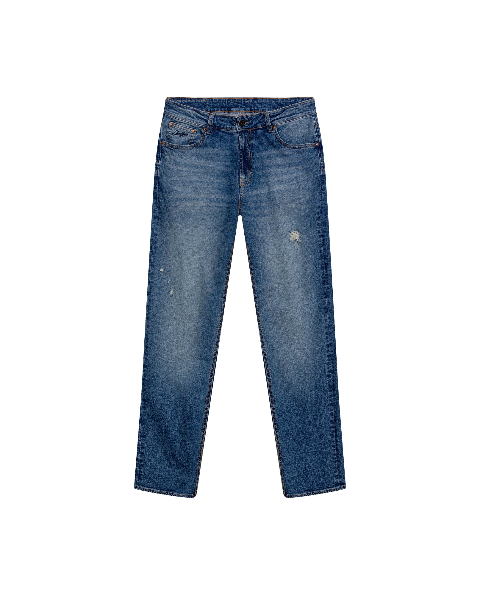 Mens Jeans Straight Fit Mid Rise Medium Wash Cotton Elastane Mini Rips Distressed Embroidered Logo - Blue 63_331H006_AZU184140_3