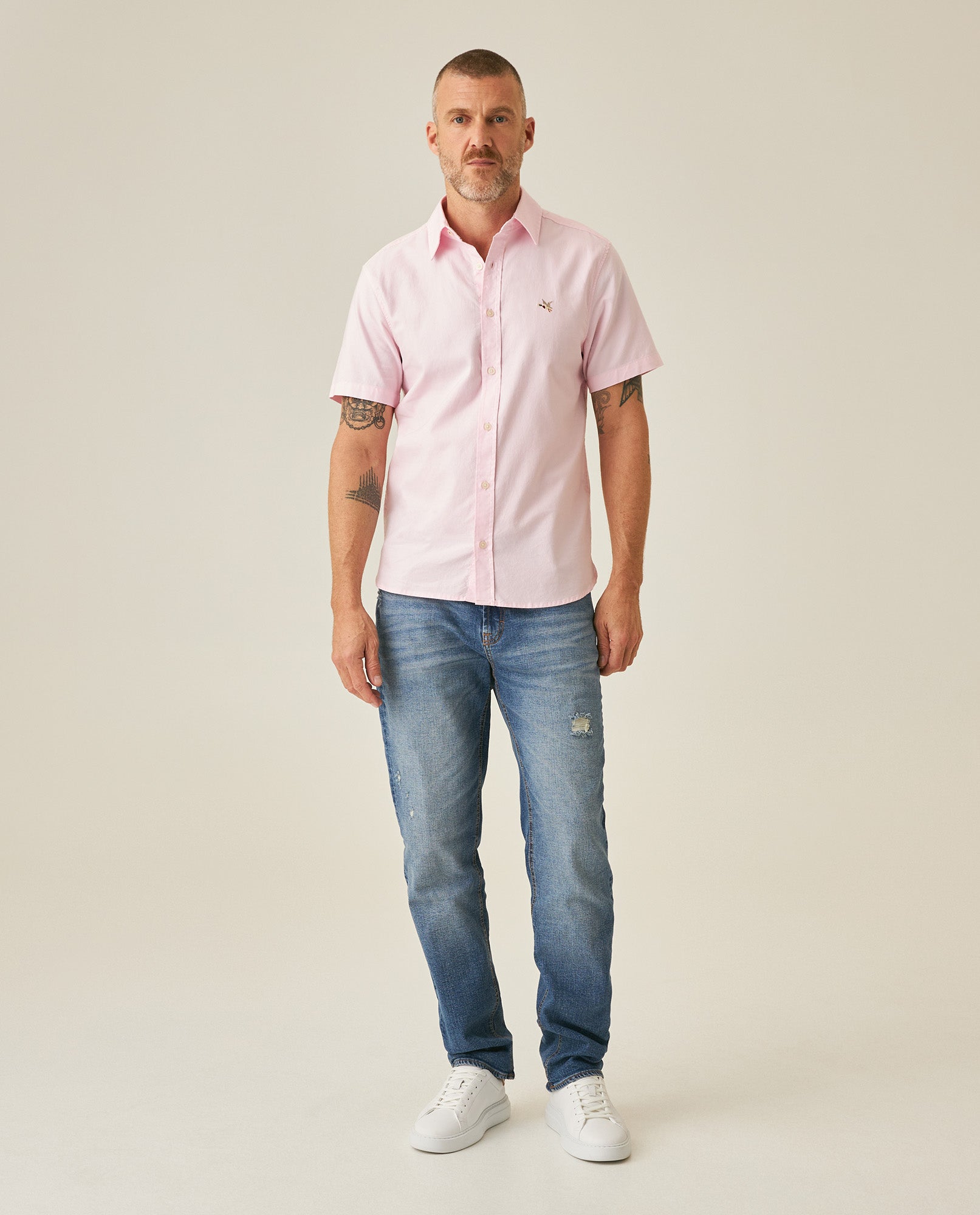 Mens Jeans Straight Fit Mid Rise Medium Wash Cotton Elastane Mini Rips Distressed Embroidered Logo - Blue 63_331H006_AZU184140_4