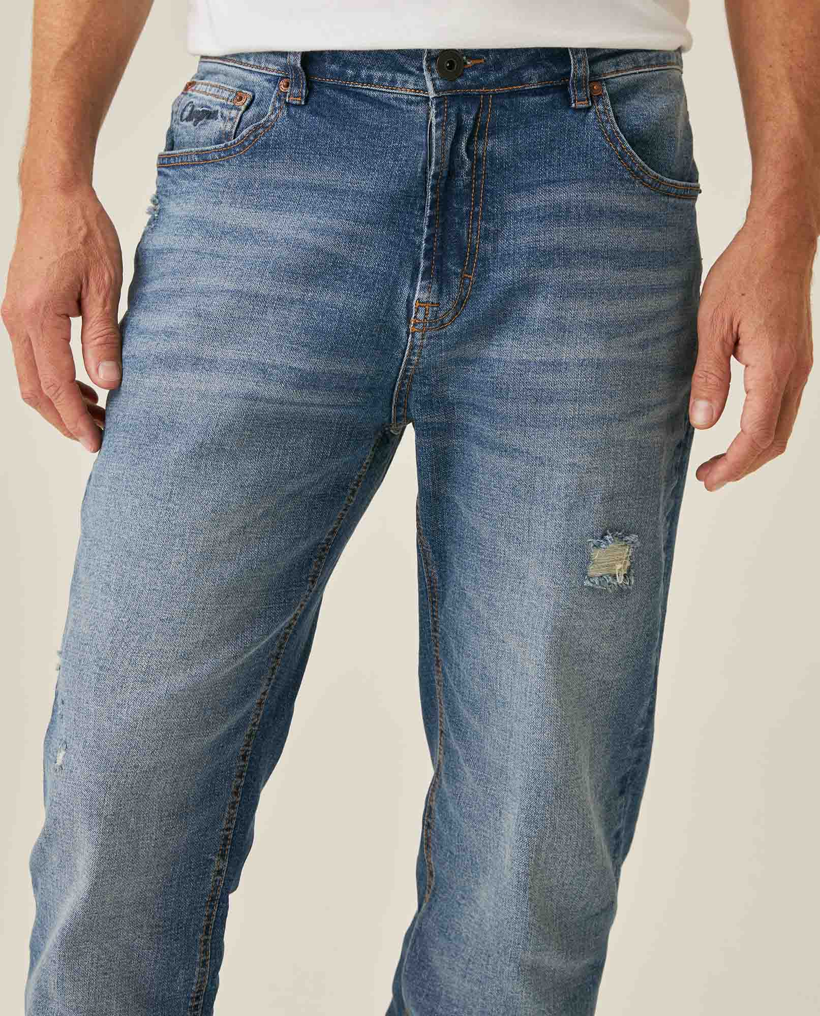 Mens Jeans Straight Fit Mid Rise Medium Wash Cotton Elastane Mini Rips Distressed Embroidered Logo - Blue 63_331H006_AZU184140_5