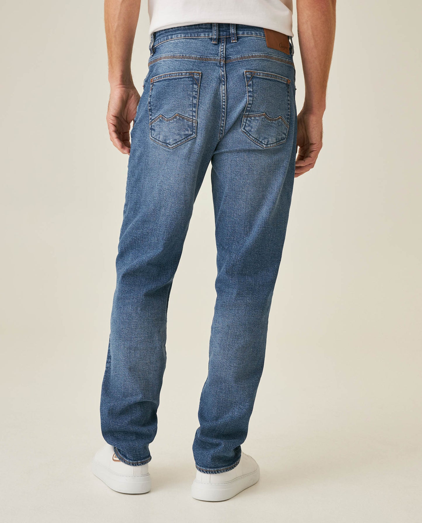 Mens Jeans Straight Fit Mid Rise Medium Wash Cotton Elastane Mini Rips Distressed Embroidered Logo - Blue 63_331H006_AZU184140_6