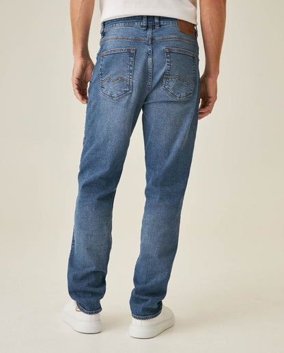 Mens Jeans Straight Fit Mid Rise Medium Wash Cotton Elastane Mini Rips Distressed Embroidered Logo - Blue 63_331H006_AZU184140_6