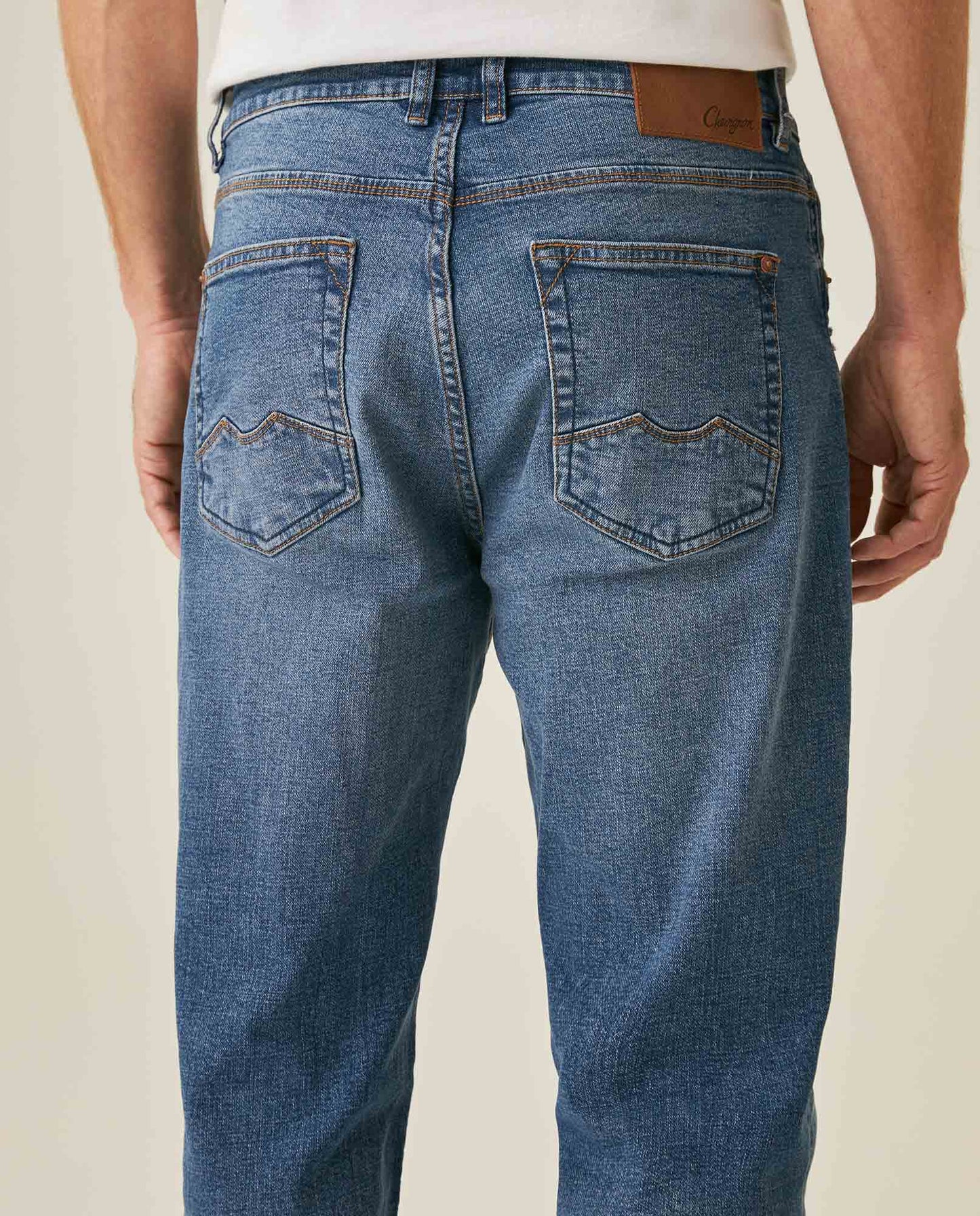 Mens Jeans Straight Fit Mid Rise Medium Wash Cotton Elastane Mini Rips Distressed Embroidered Logo - Blue 63_331H006_AZU184140_7